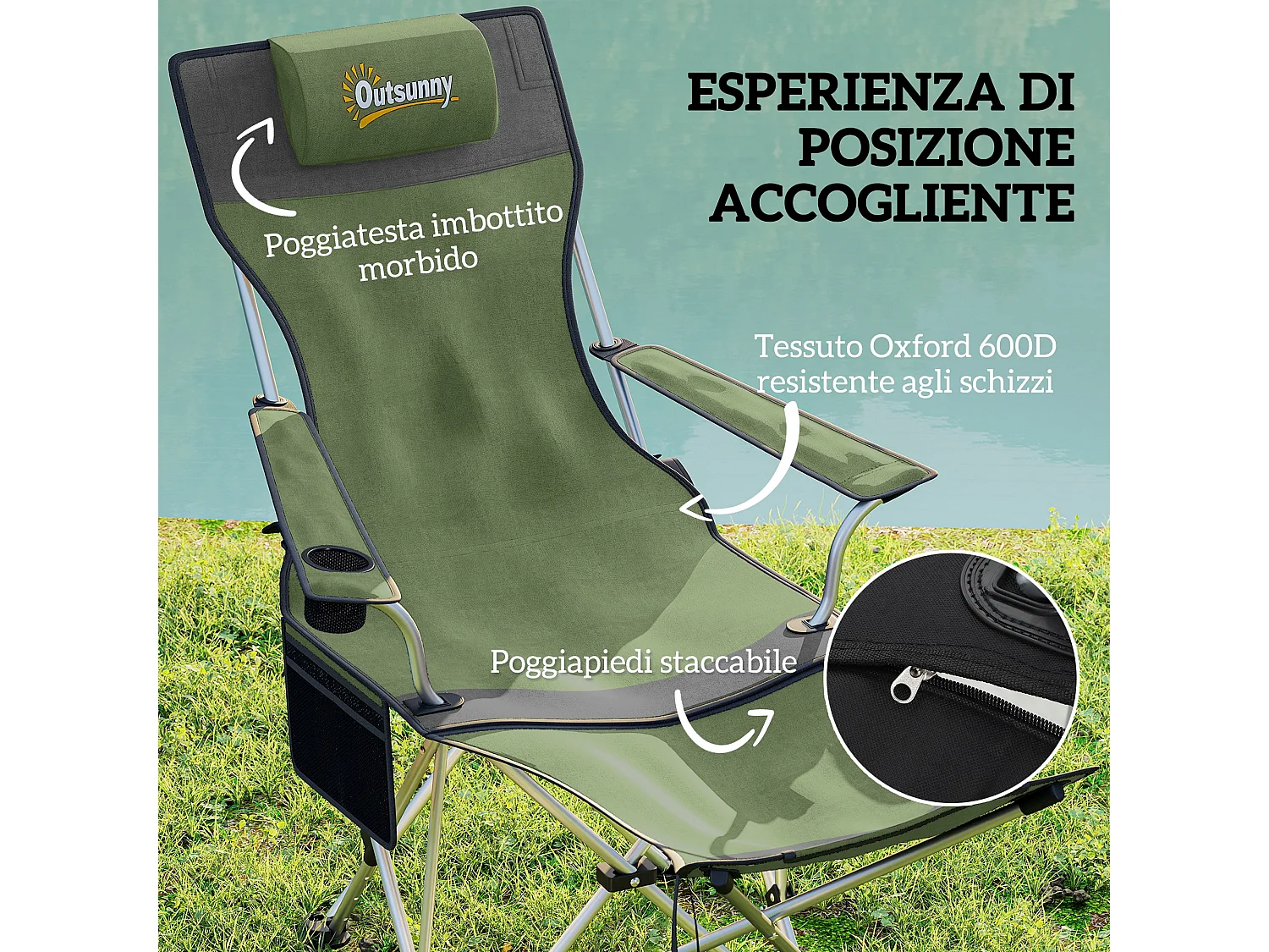 Set 2 sedie da campeggio pieghevoli reclinabili con poggiapiedi verde