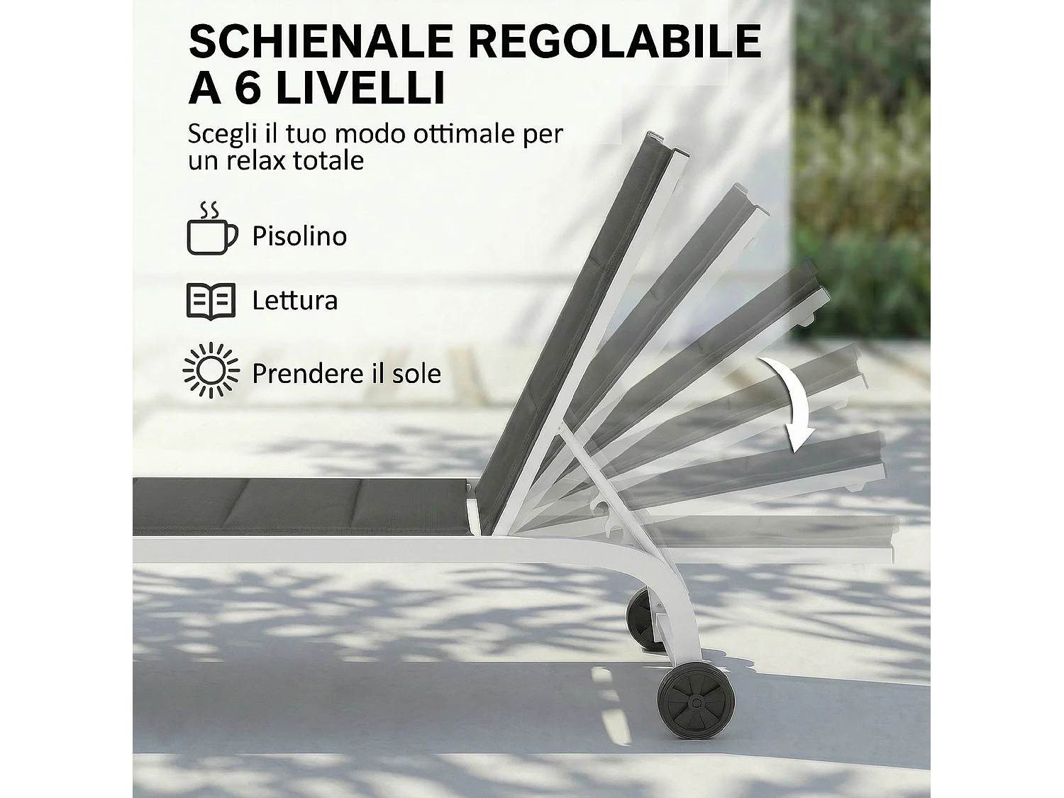 Lettino prensisole reclinabile imbottito con ruote in alluminio