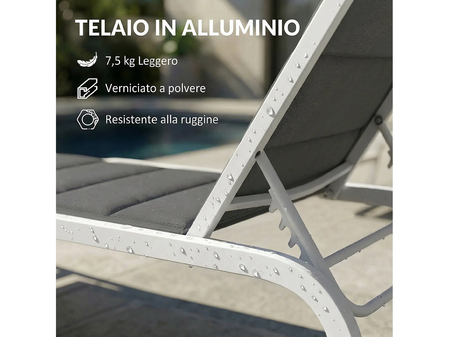 Lettino prensisole reclinabile imbottito con ruote in alluminio