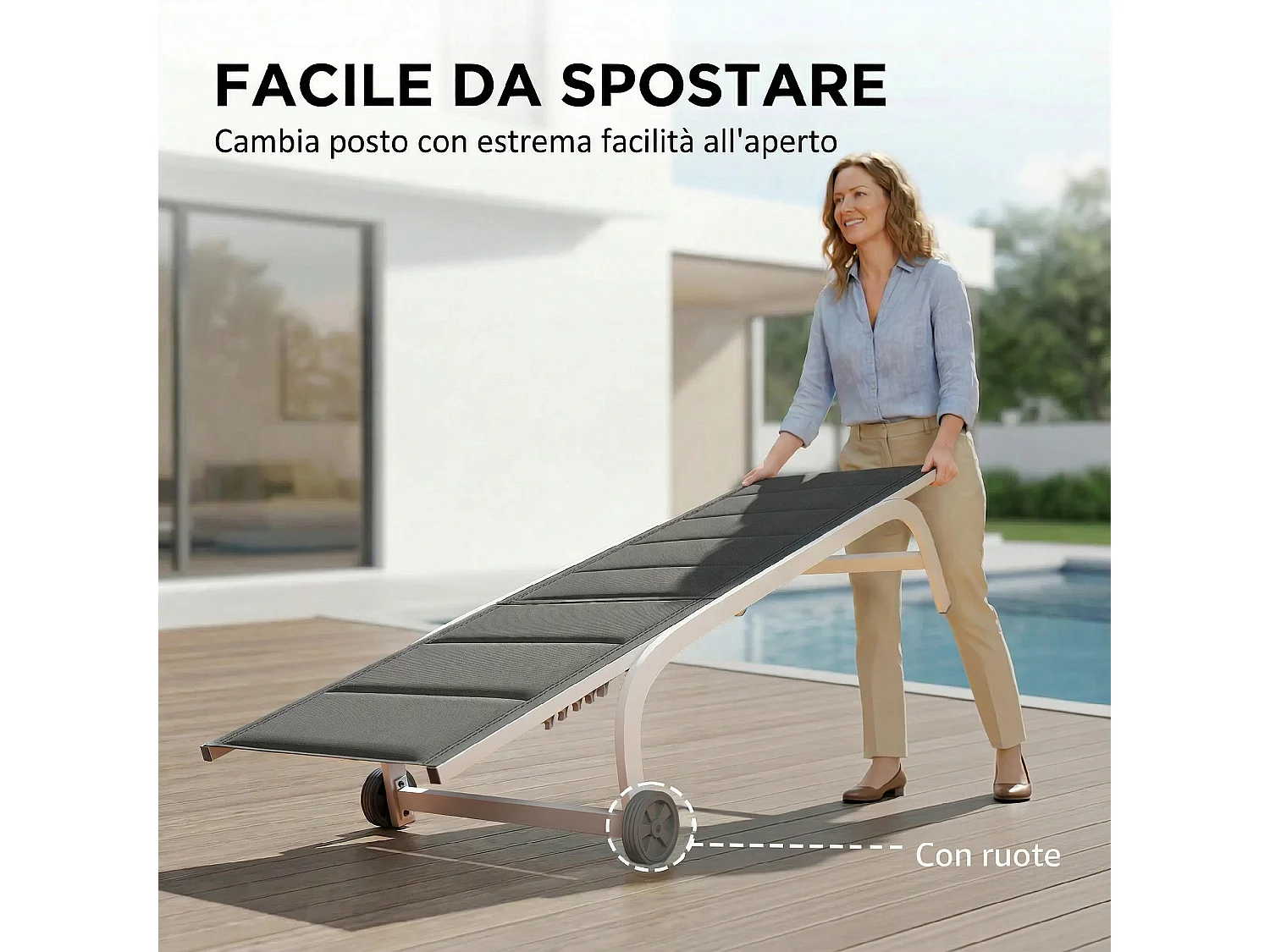 Lettino prensisole reclinabile imbottito con ruote in alluminio