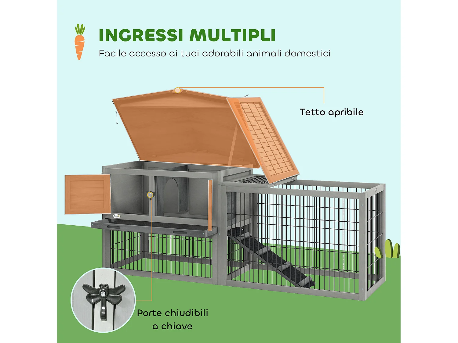 Conigliera da esterno in legno con rampa e vassoio grigio chiaro