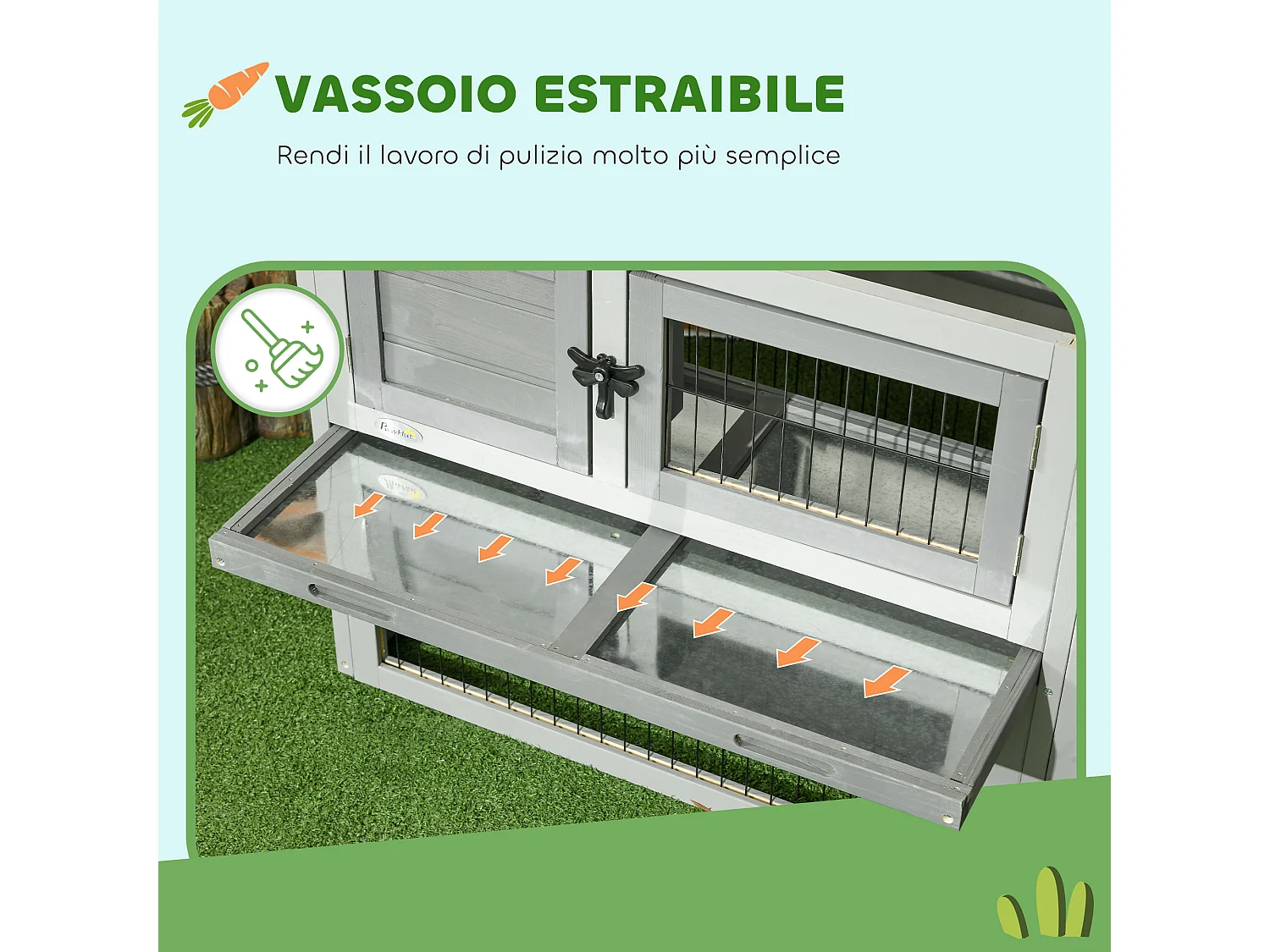Conigliera da esterno in legno con rampa e vassoio grigio chiaro