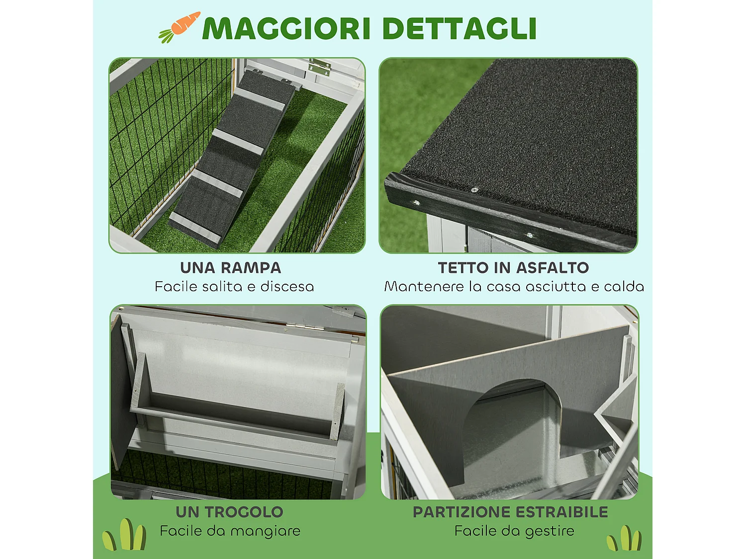 Conigliera da esterno in legno con rampa e vassoio grigio chiaro