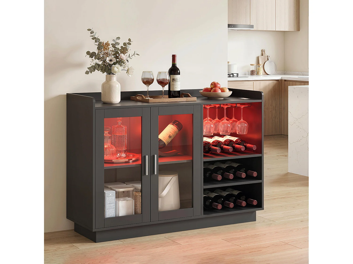 Mobile bar con luci led rgb e portabottiglie legno nero