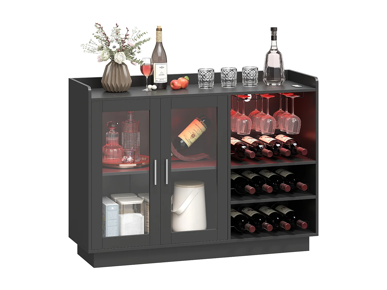 Mobile bar con luci led rgb e portabottiglie legno nero