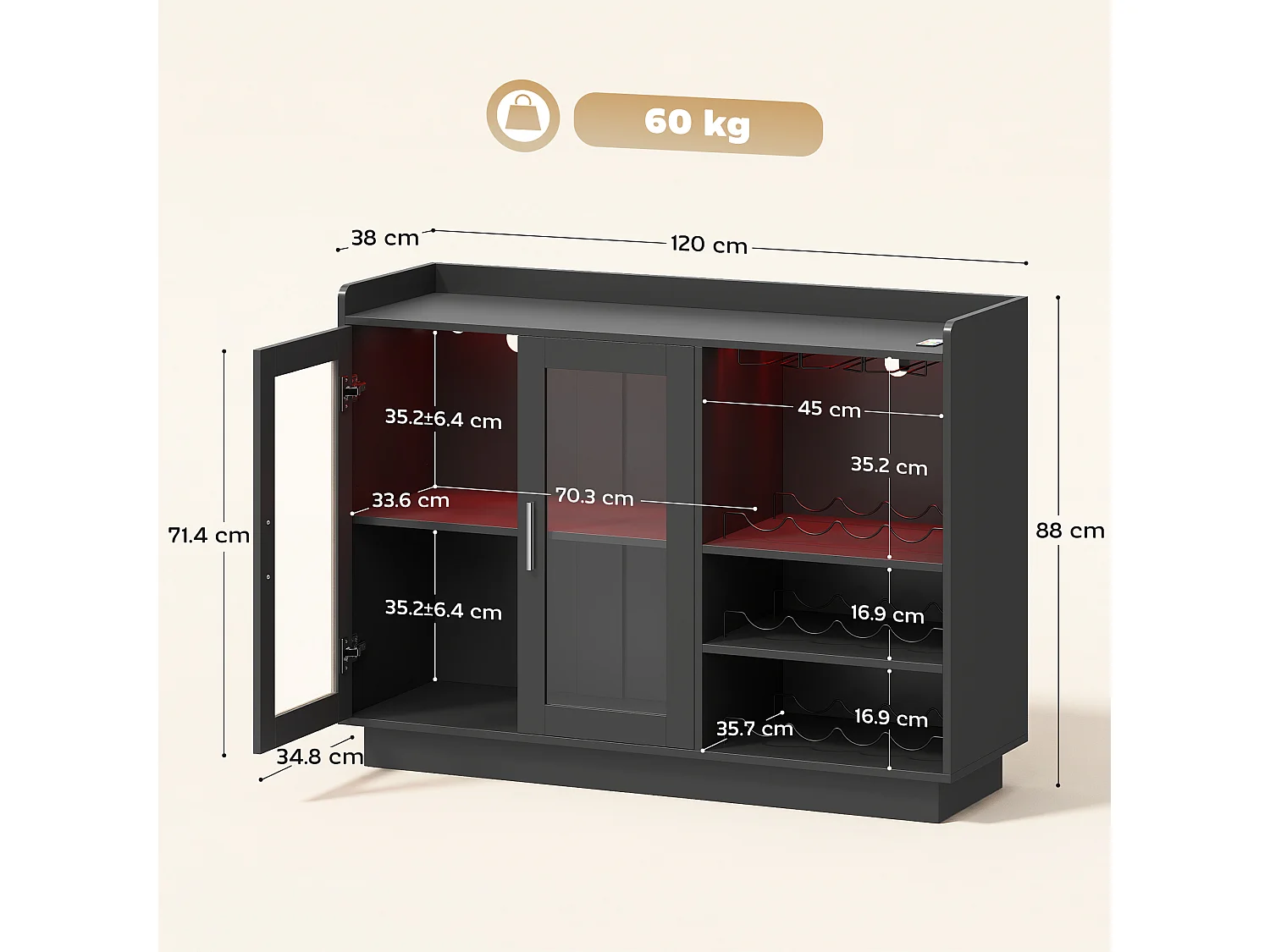 Mobile bar con luci led rgb e portabottiglie legno nero