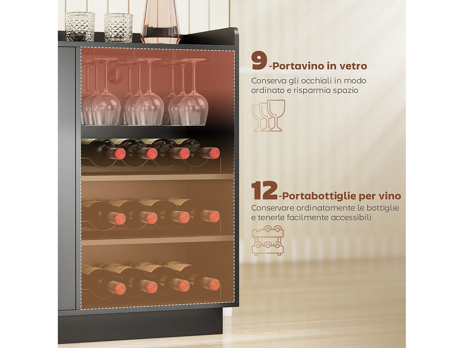 Mobile bar con luci led rgb e portabottiglie legno nero