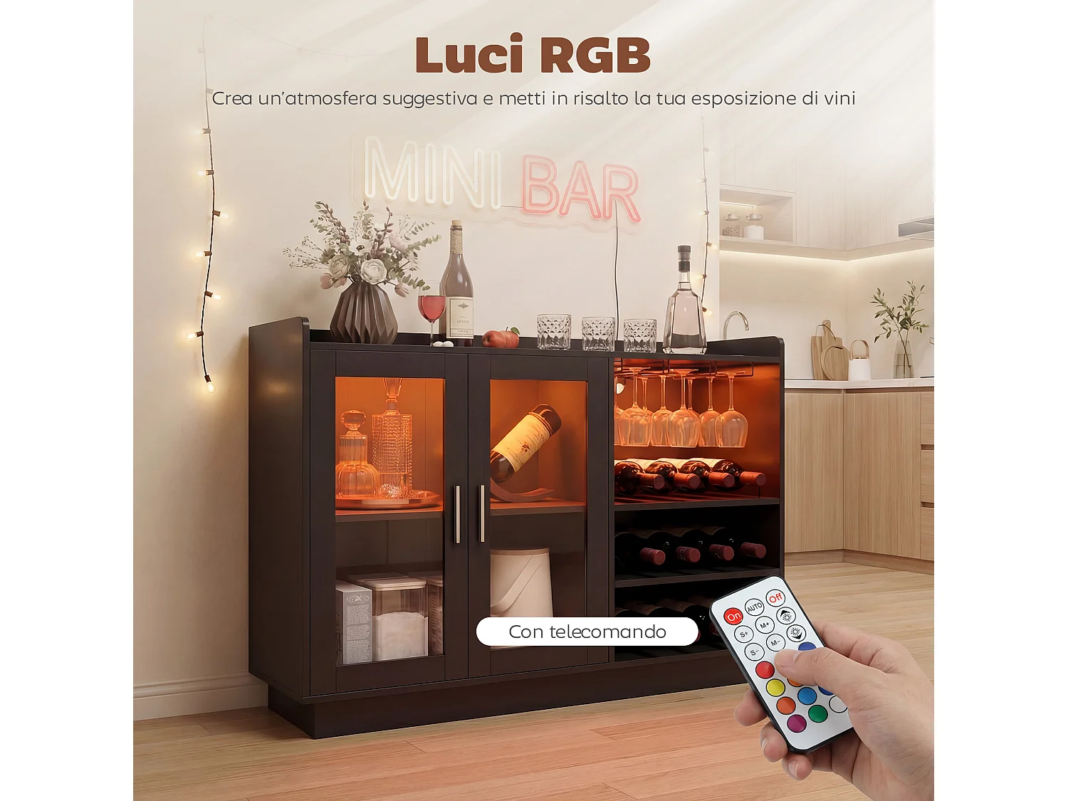 Mobile bar con luci led rgb e portabottiglie legno nero