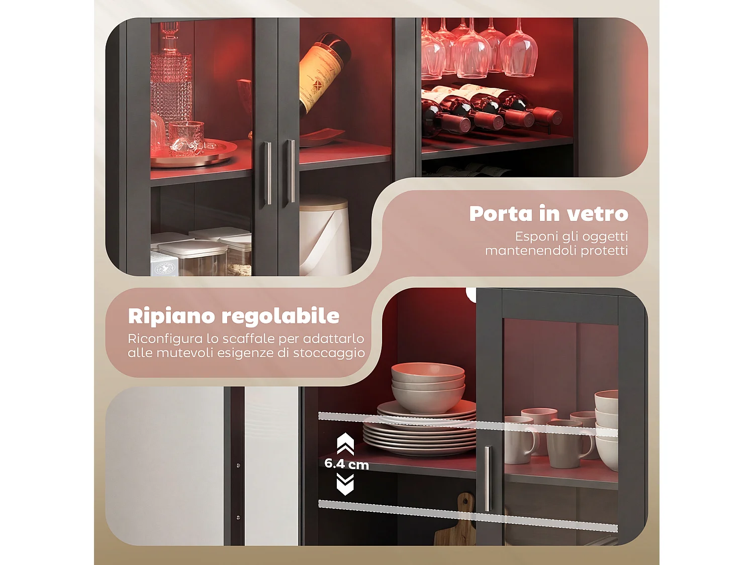 Mobile bar con luci led rgb e portabottiglie legno nero