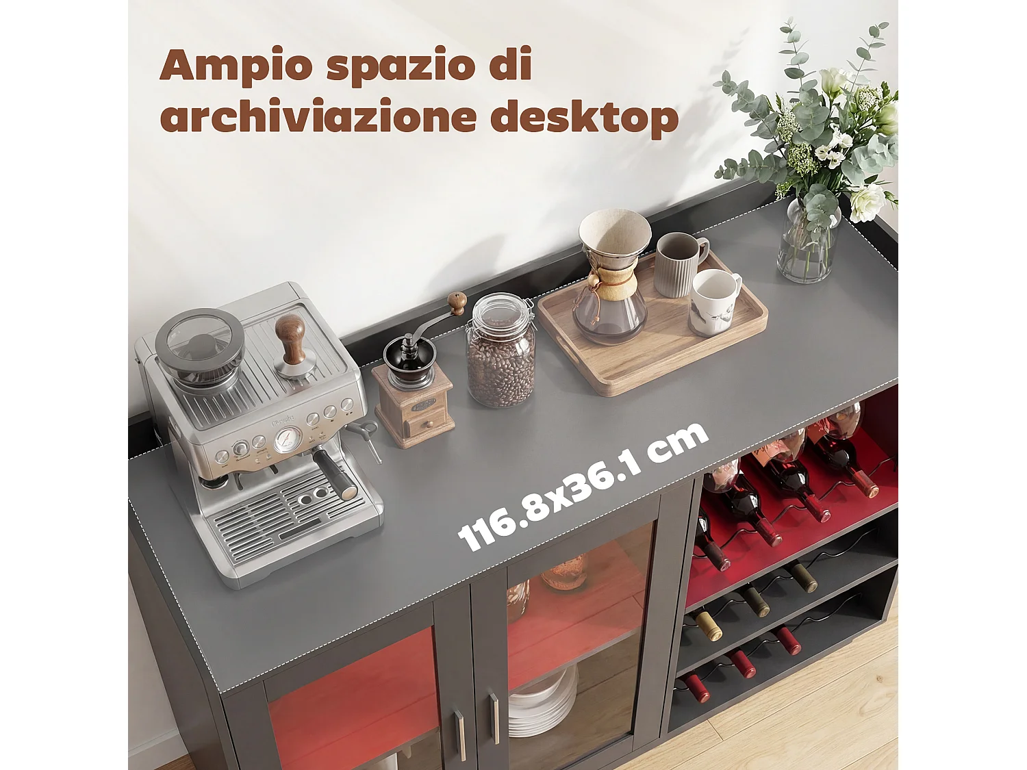 Mobile bar con luci led rgb e portabottiglie legno nero