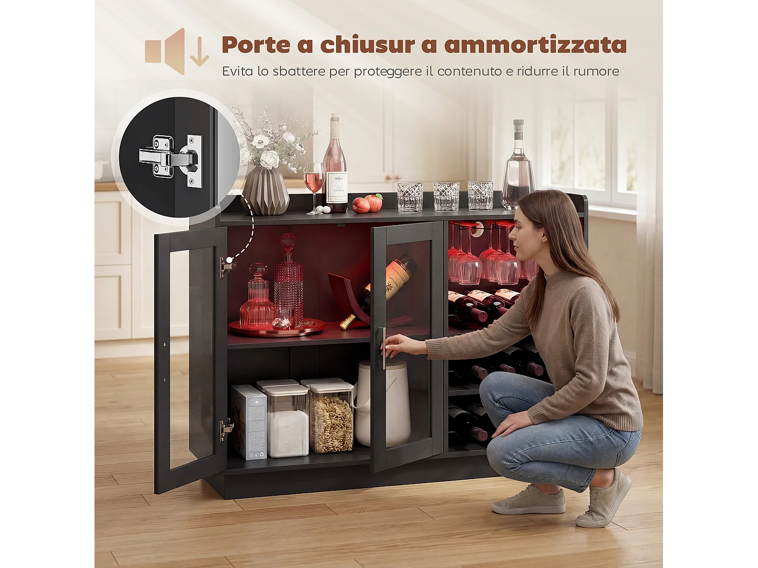 Mobile bar con luci led rgb e portabottiglie legno nero