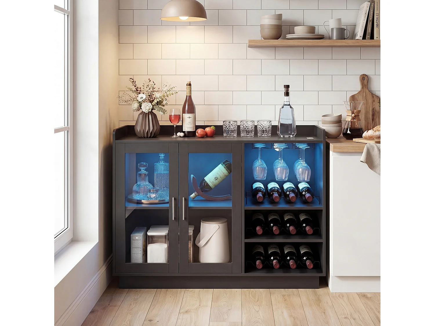 Mobile bar con luci led rgb e portabottiglie legno nero