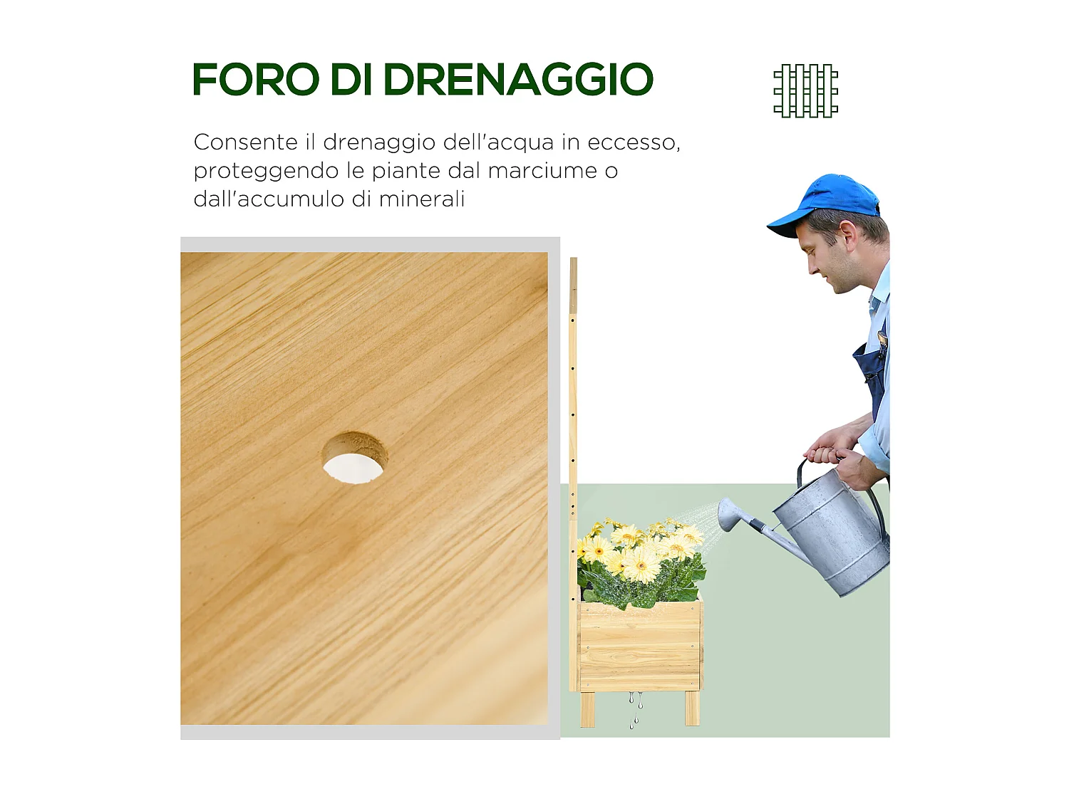 Fioriera con grigliato in legno di abete e fori di drenaggio