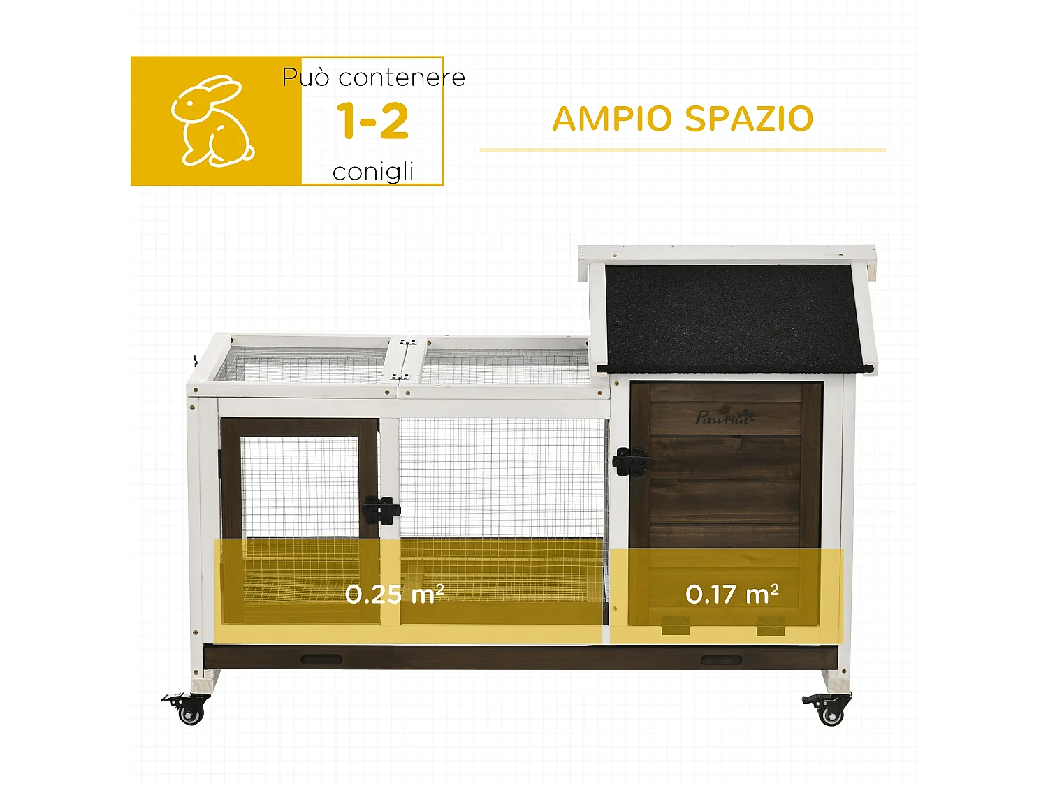Conigliera con ruote con casetta e tetto apribile in legno marrone
