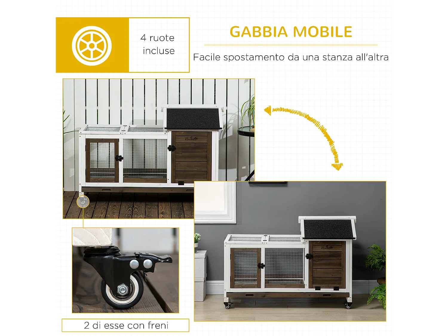 Conigliera con ruote con casetta e tetto apribile in legno marrone