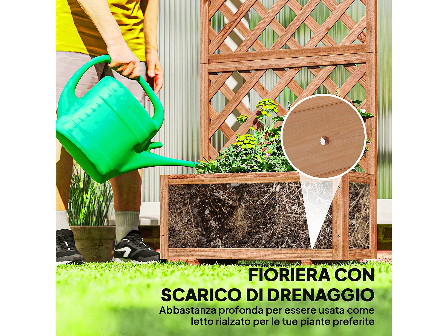 Fioriera da esterno con spalliera a griglia per rampicanti