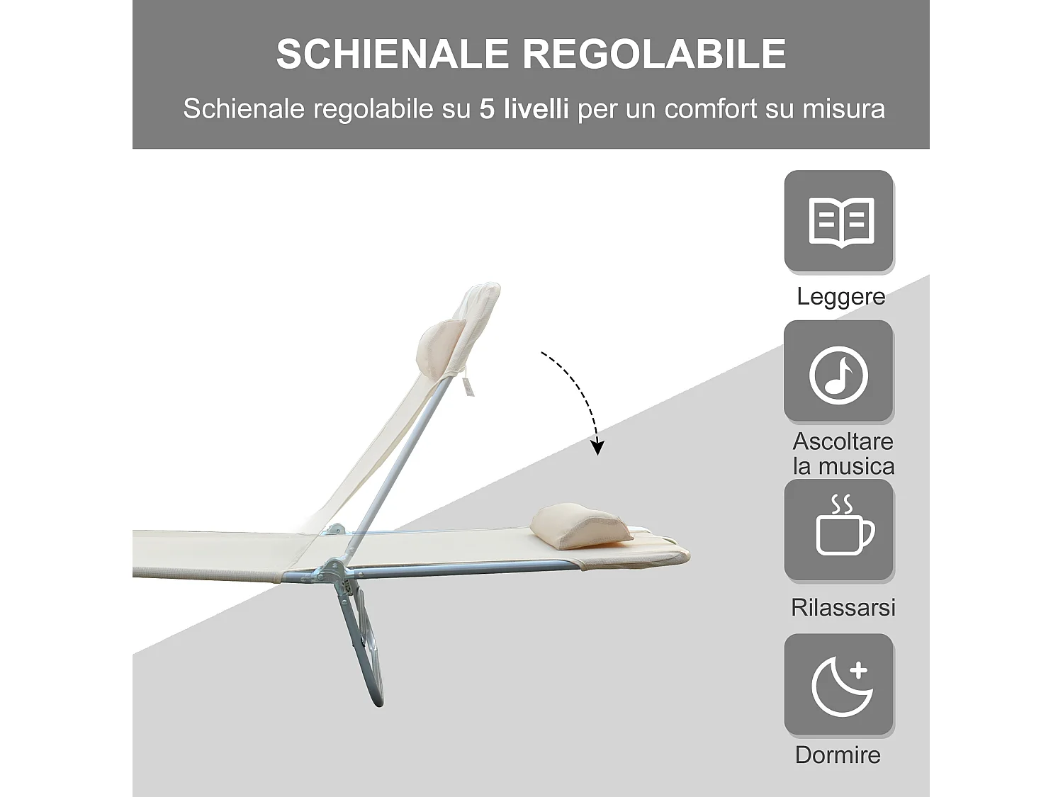 Lettino prendisole pieghevole schienale reclinabile e cuscino