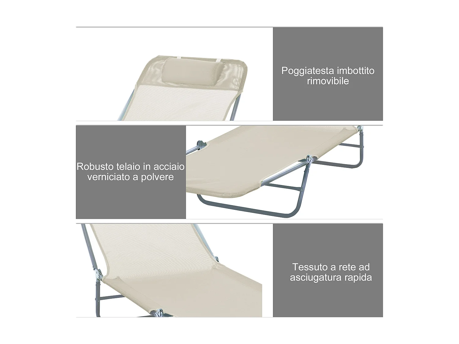 Lettino prendisole pieghevole schienale reclinabile e cuscino