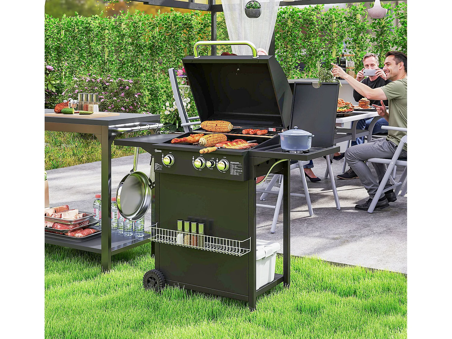 Barbecue a gas con coperchio ruote e bruciatori indipendenti nero