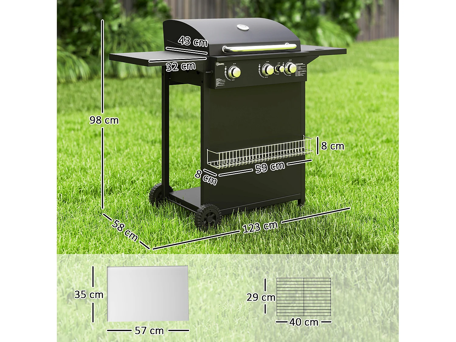 Barbecue a gas con coperchio ruote e bruciatori indipendenti nero