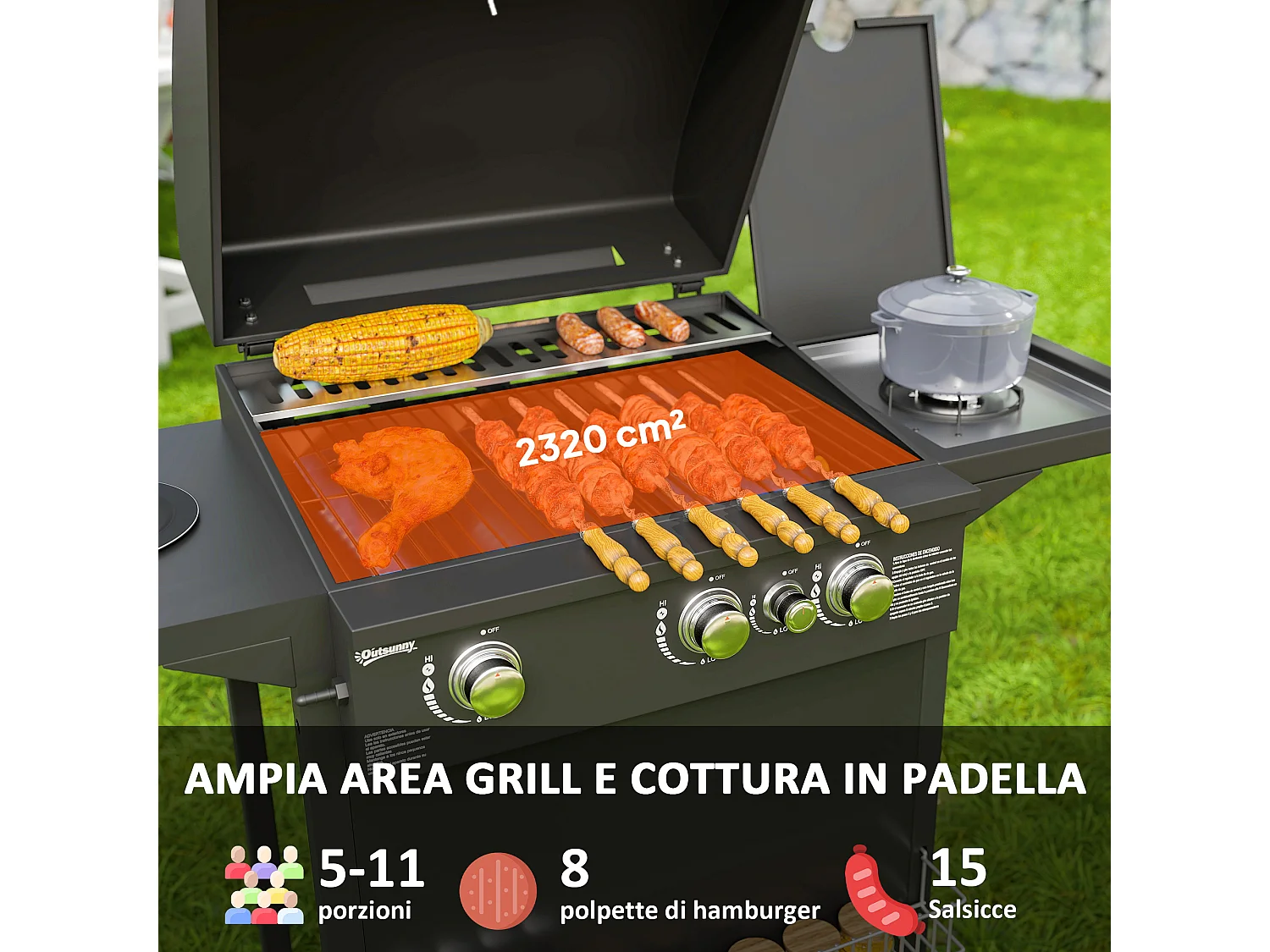 Barbecue a gas con coperchio ruote e bruciatori indipendenti nero