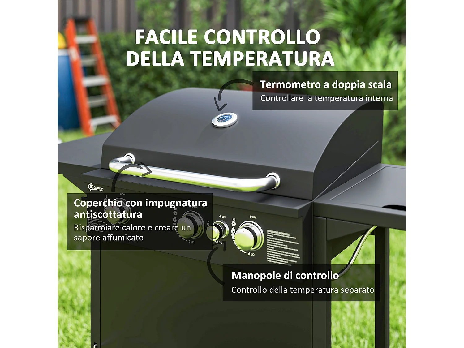 Barbecue a gas con coperchio ruote e bruciatori indipendenti nero