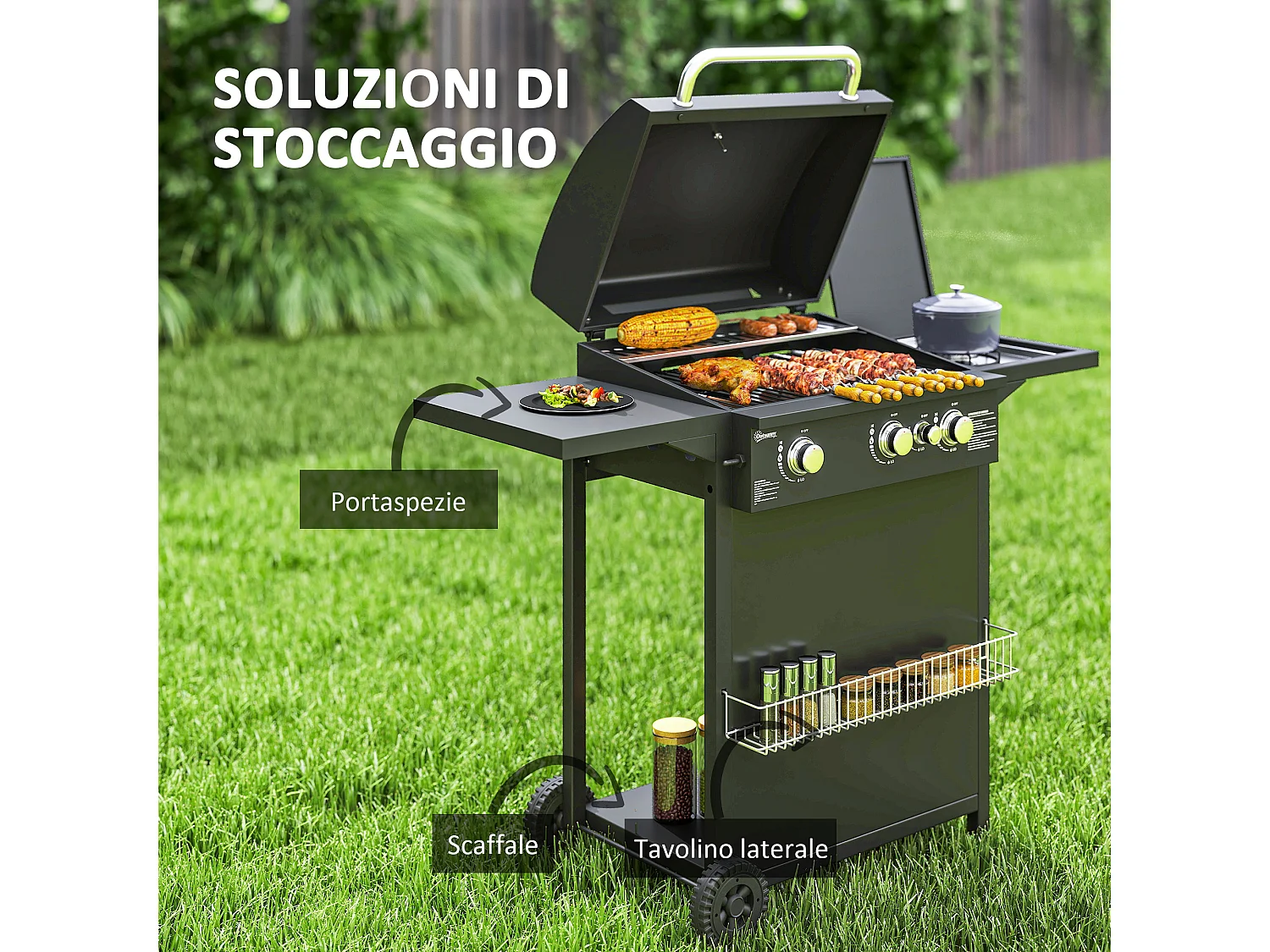 Barbecue a gas con coperchio ruote e bruciatori indipendenti nero