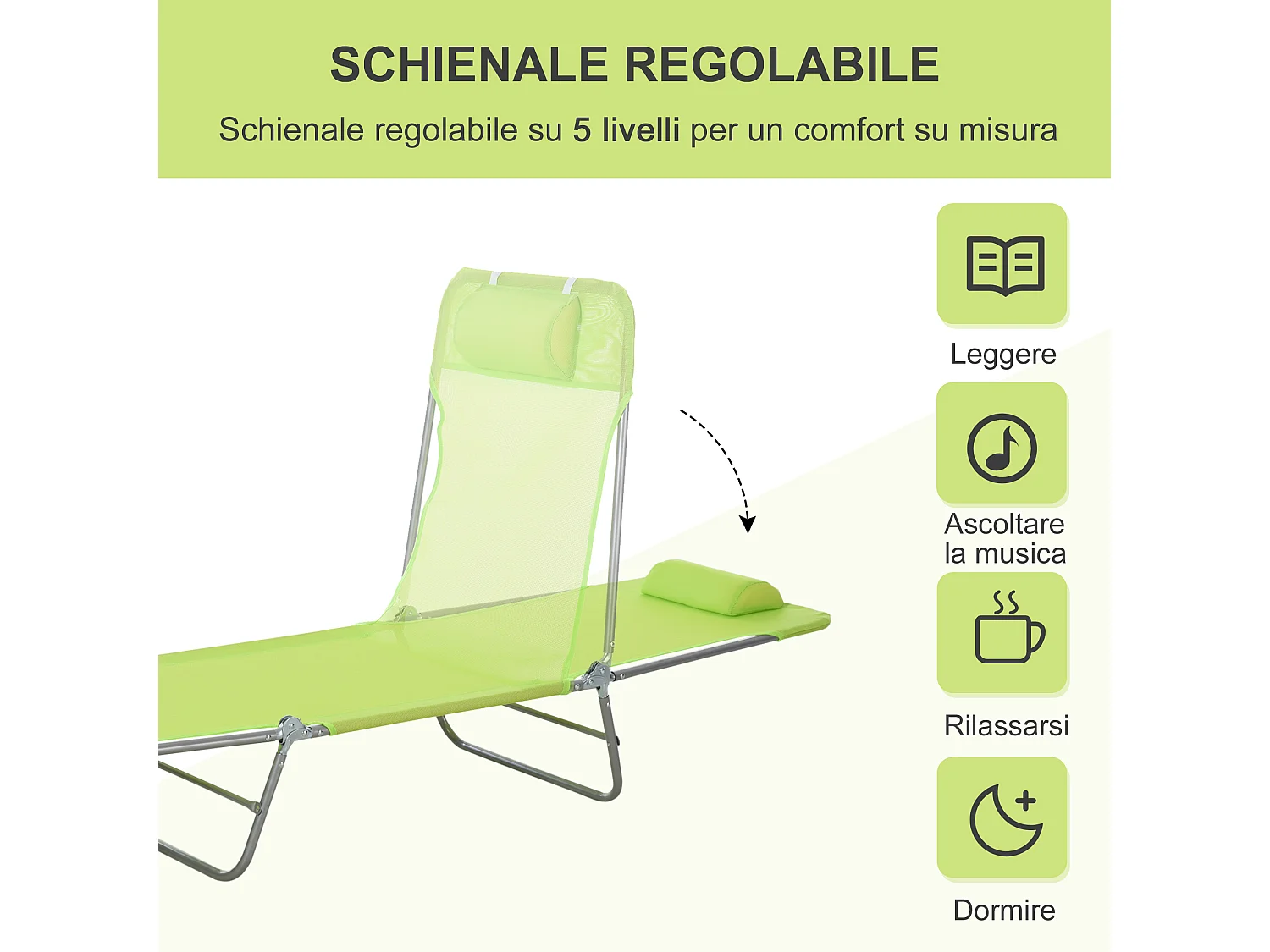 Lettino prendisole pieghevole schienale reclinabile e cuscino