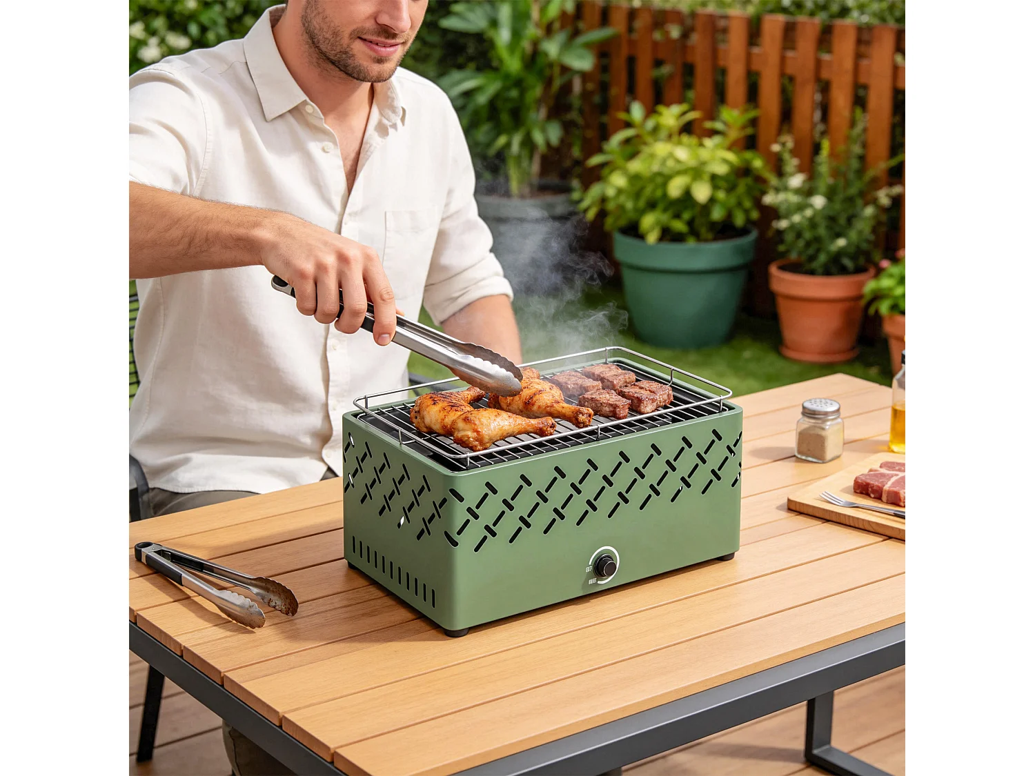 Barbecue a carbone con ventilatore in metallo verde chiaro