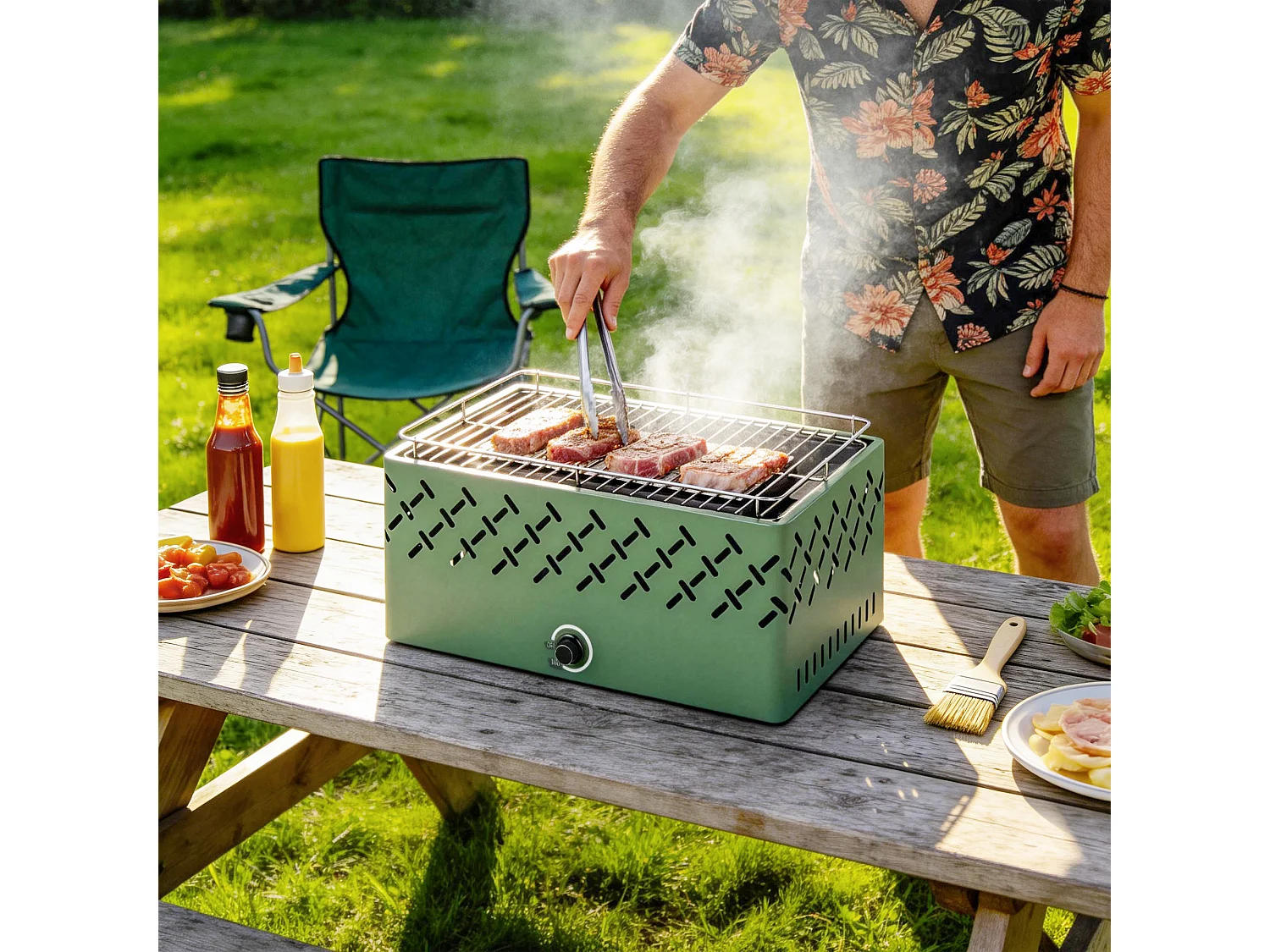 Barbecue a carbone con ventilatore in metallo verde chiaro