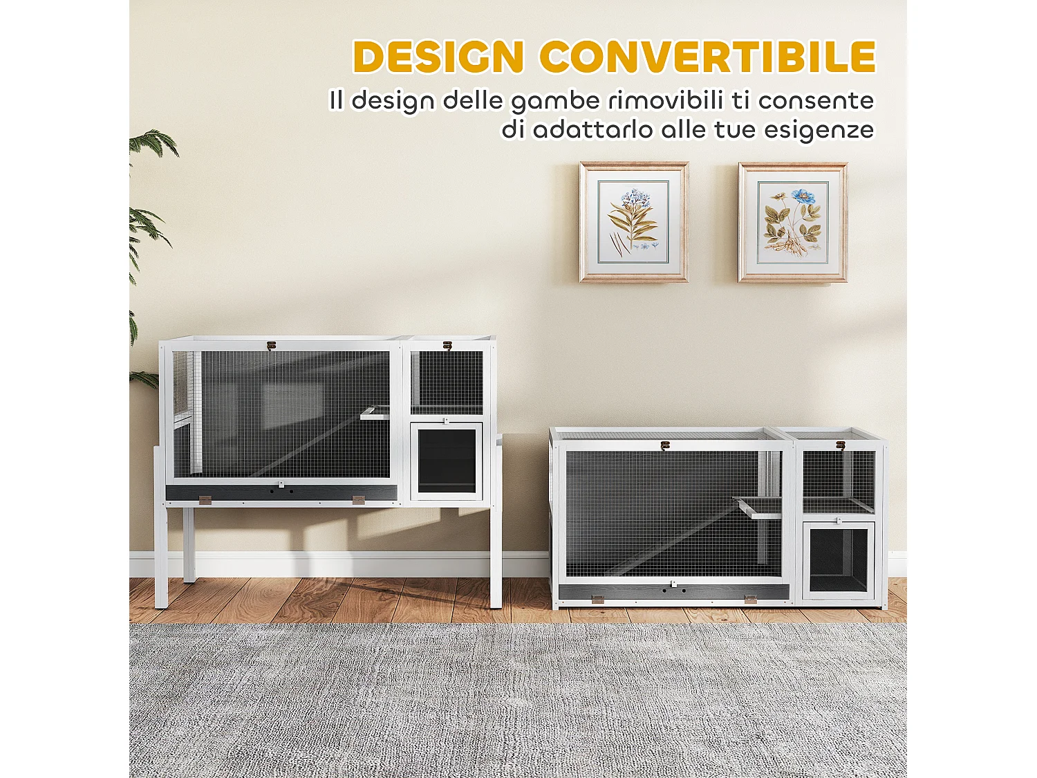 Gabbia per conigli da interno con vassoio estraibile in legno grigio