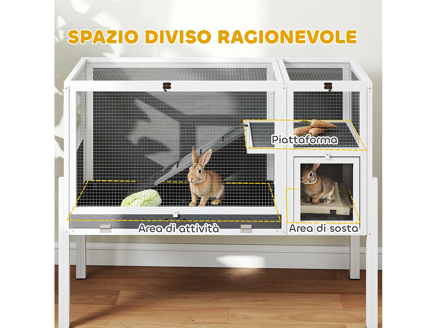 Gabbia per conigli da interno con vassoio estraibile in legno grigio