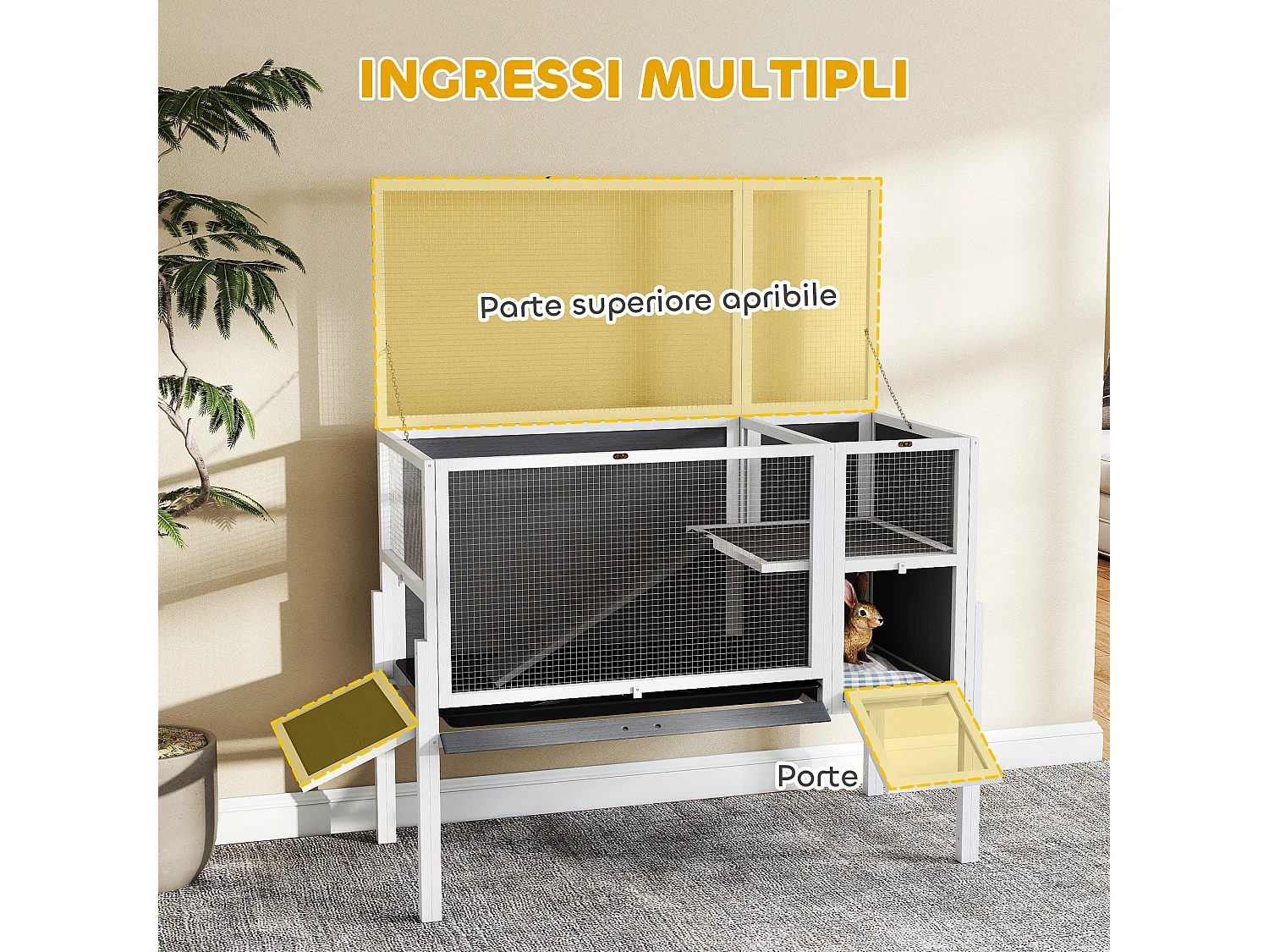 Gabbia per conigli da interno con vassoio estraibile in legno grigio