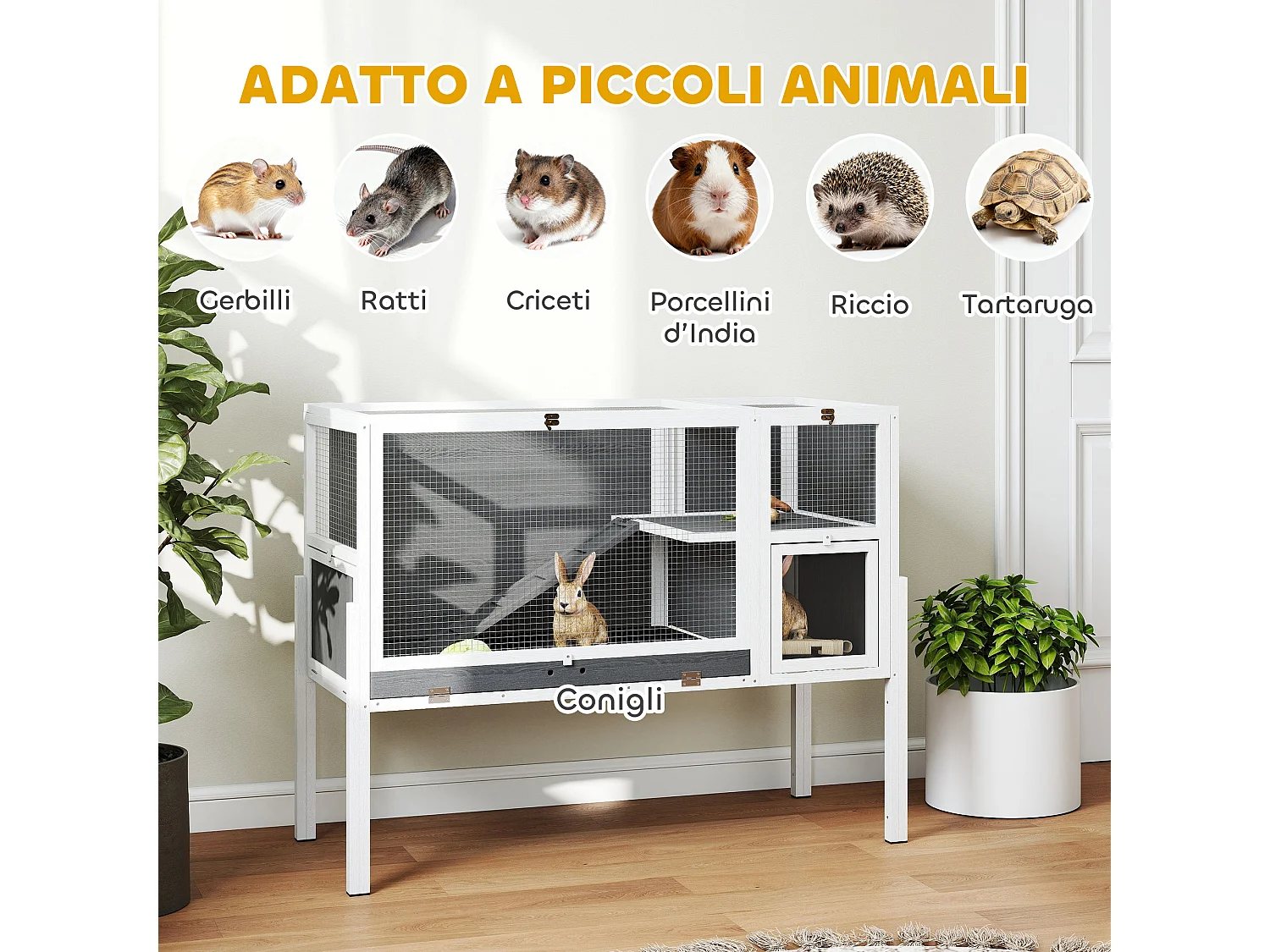 Gabbia per conigli da interno con vassoio estraibile in legno grigio