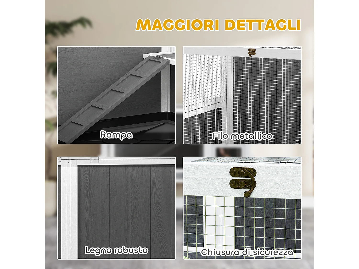 Gabbia per conigli da interno con vassoio estraibile in legno grigio