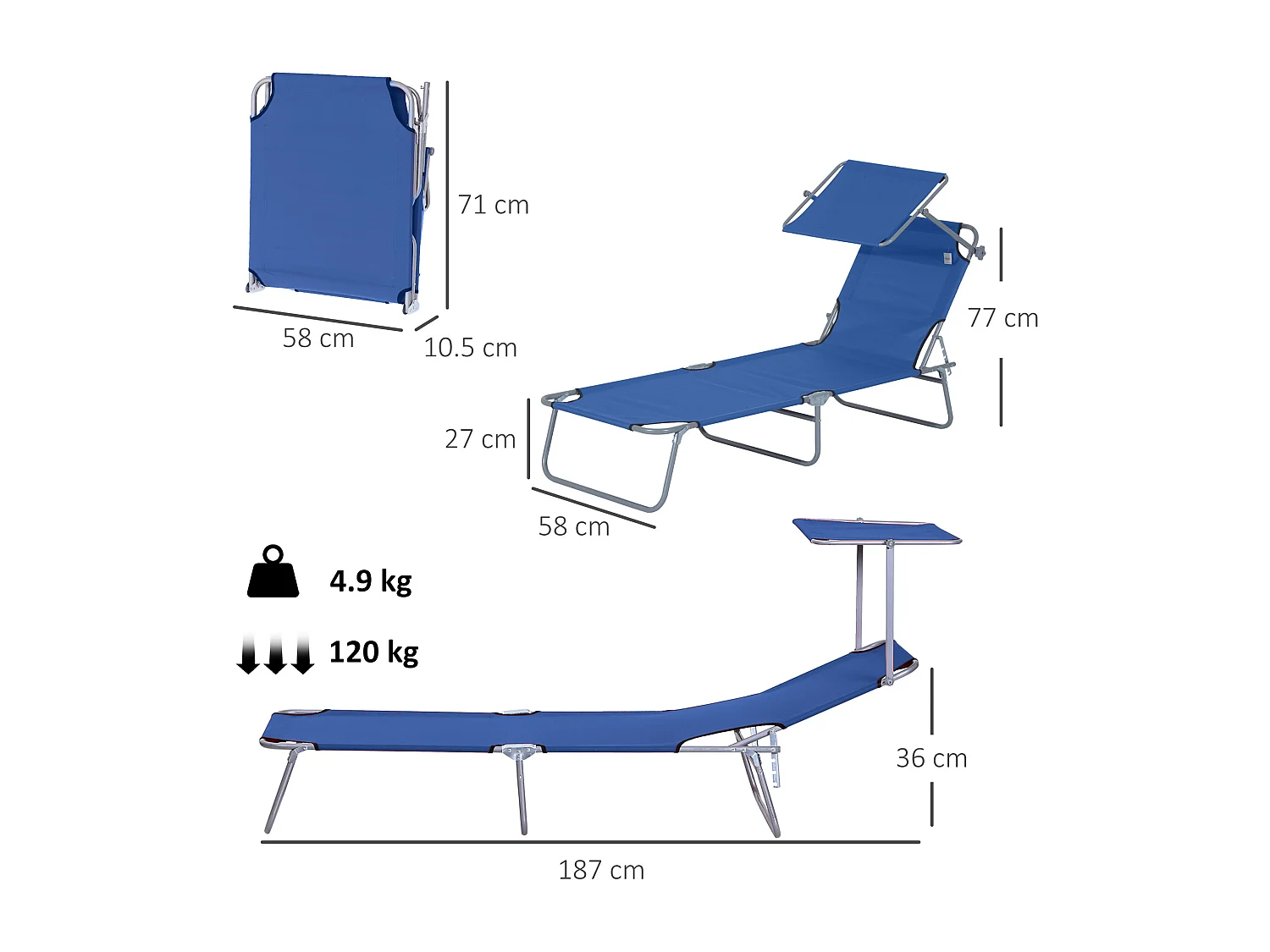 Lettino prendisole da giardino pieghevole con tettuccio blu