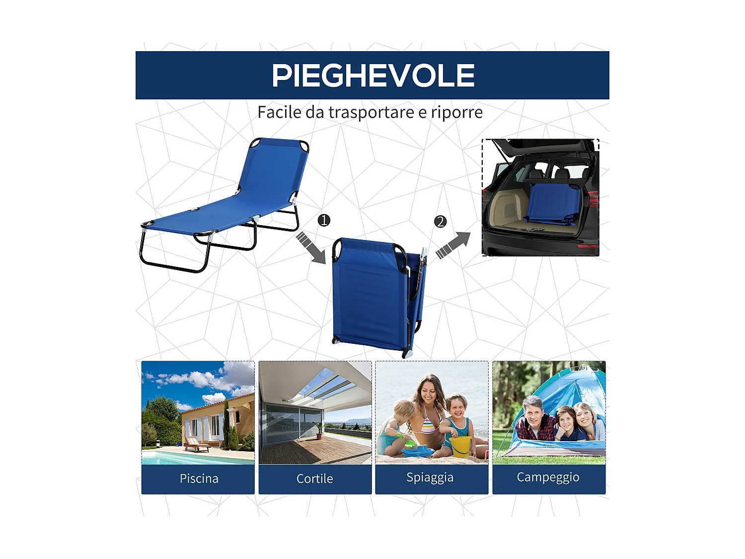 Lettino prendisole da giardino pieghevole con tettuccio blu