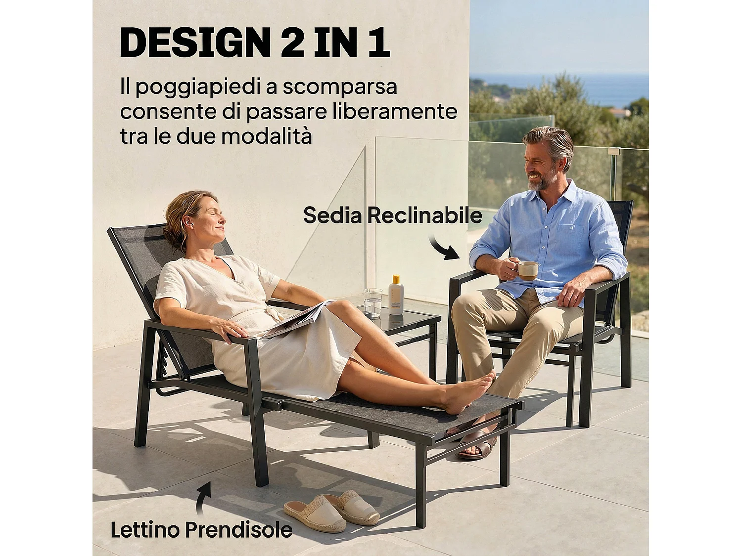 Sedia a sdraio con poggiapiedi retrattile in acciaio nera