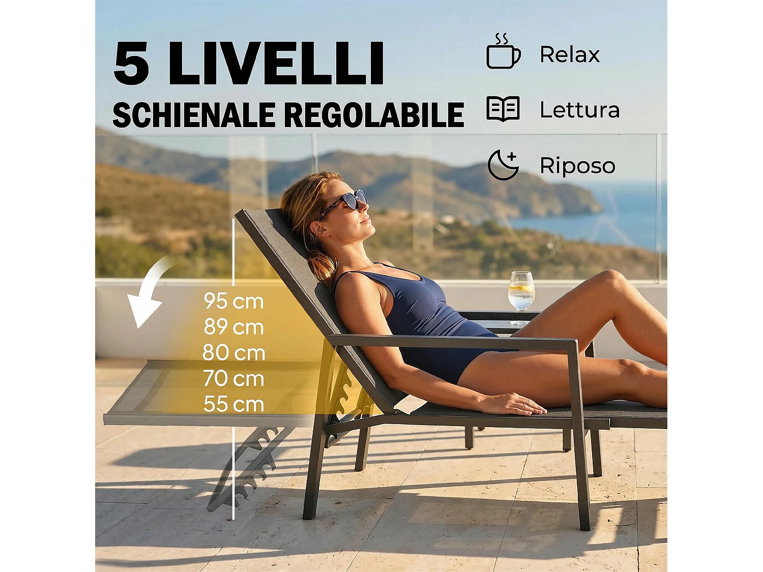 Sedia a sdraio con poggiapiedi retrattile in acciaio nera