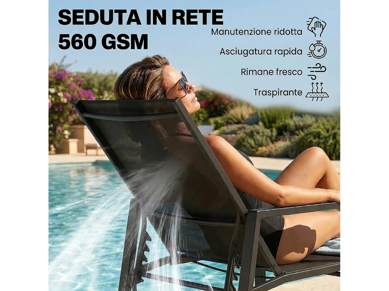 Sedia a sdraio con poggiapiedi retrattile in acciaio nera