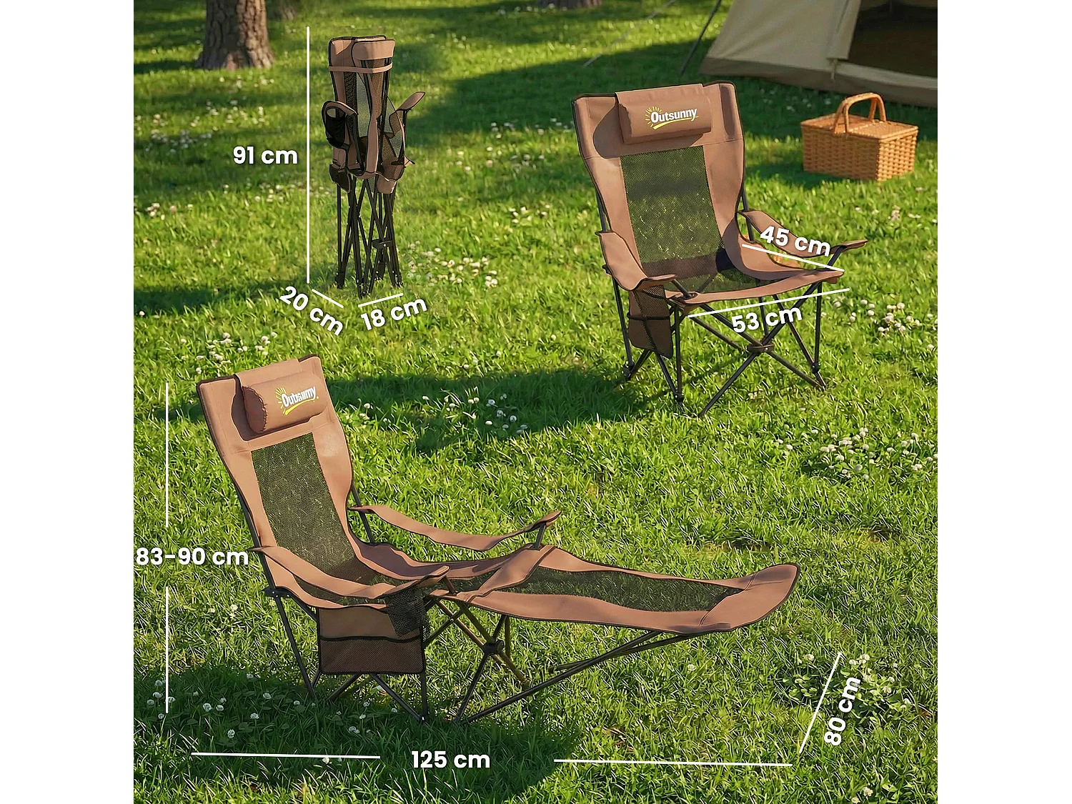 Set 2 sedie reclinabili pieghevoli in metallo e tessuto marrone e nero