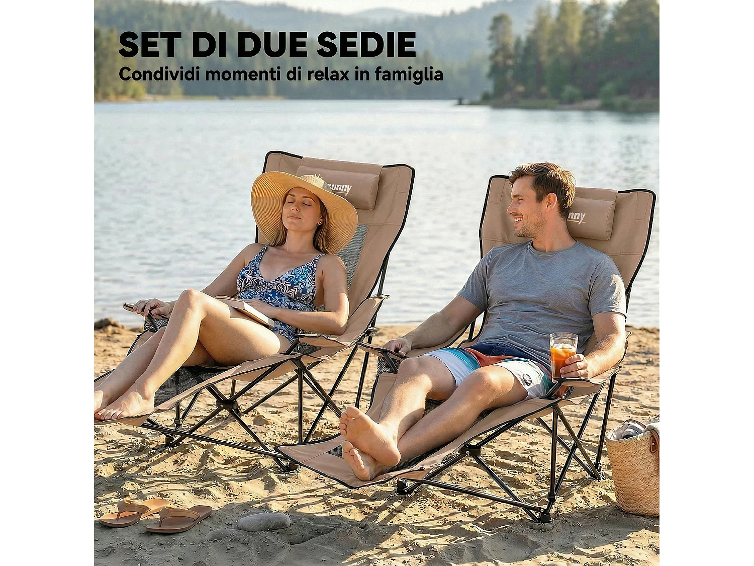 Set 2 sedie reclinabili pieghevoli in metallo e tessuto marrone e nero