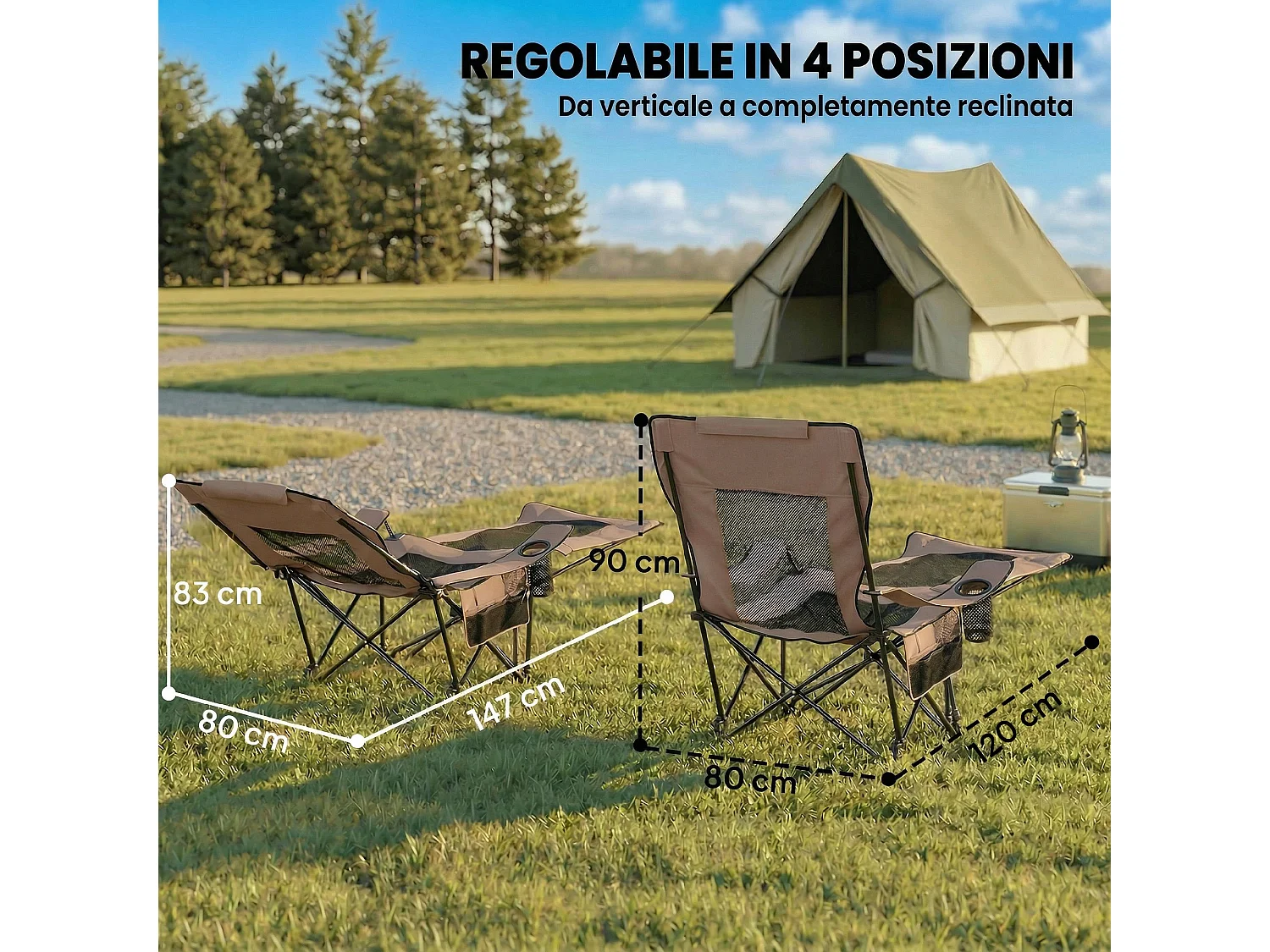 Set 2 sedie reclinabili pieghevoli in metallo e tessuto marrone e nero