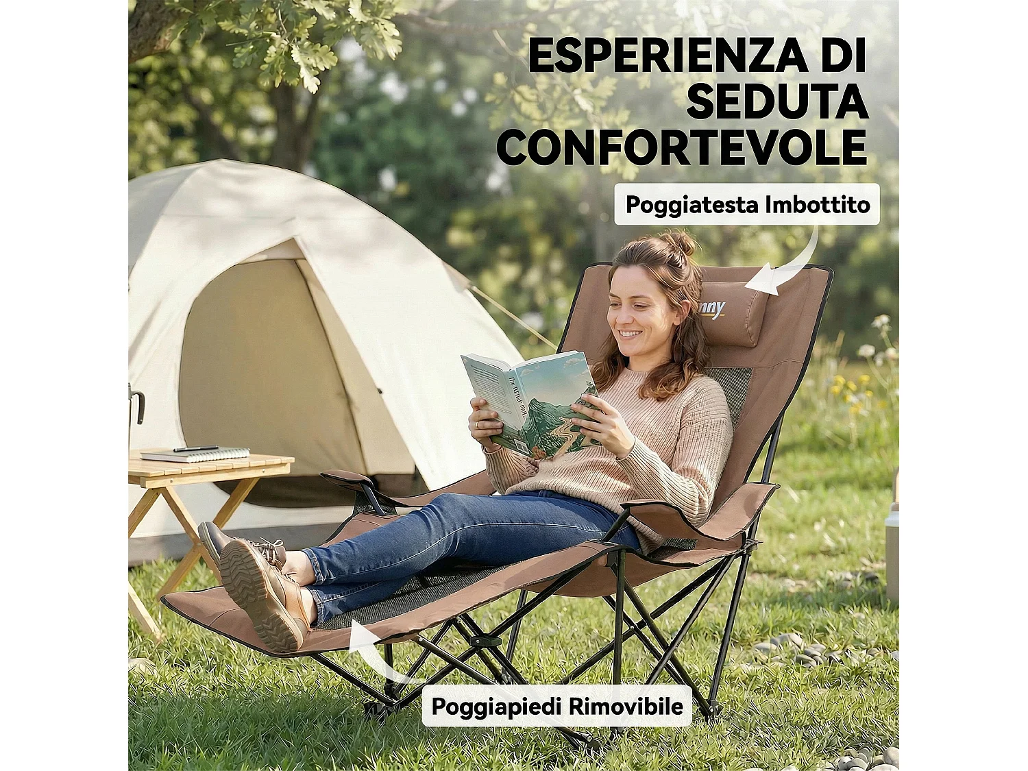 Set 2 sedie reclinabili pieghevoli in metallo e tessuto marrone e nero