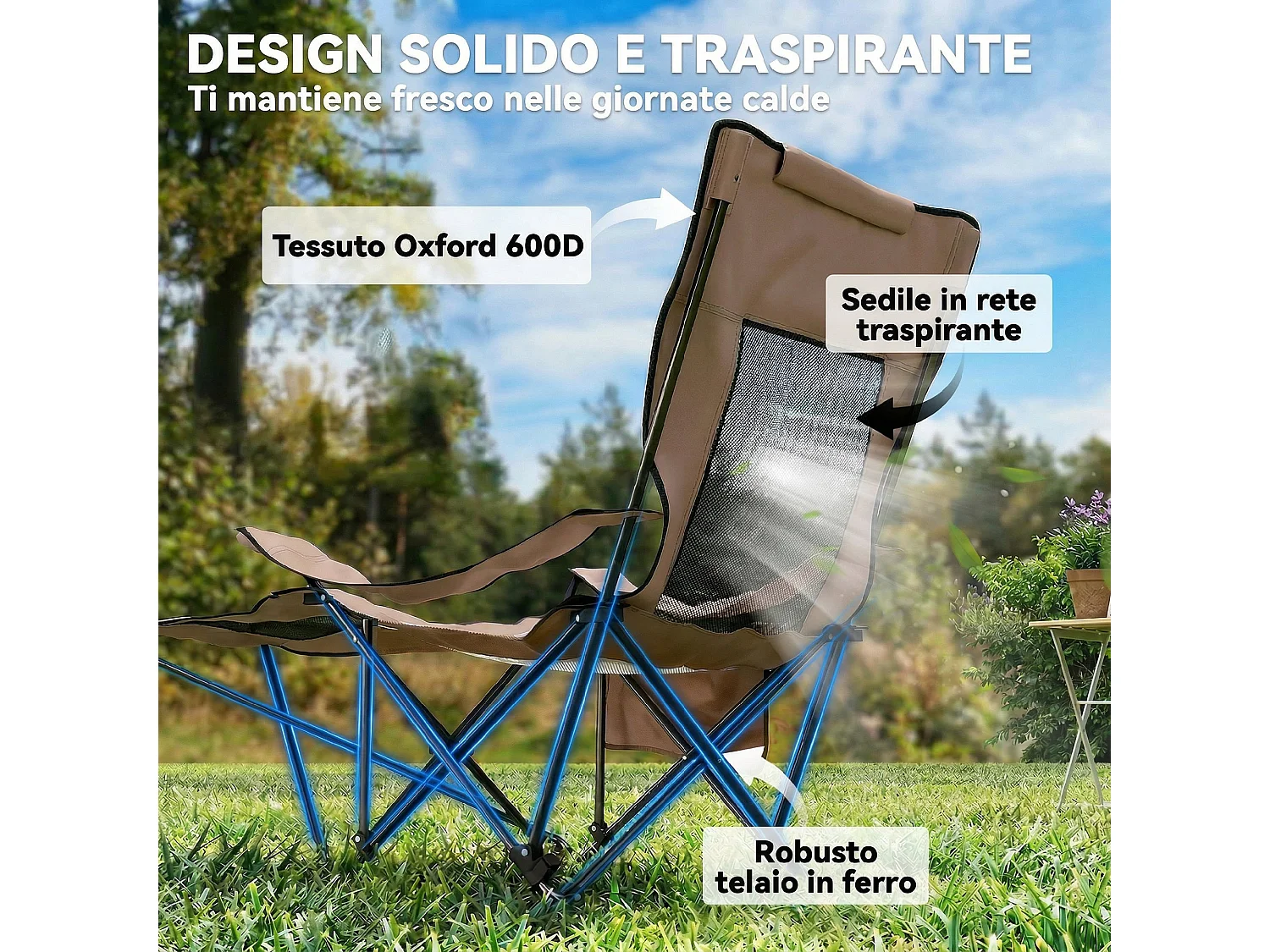 Set 2 sedie reclinabili pieghevoli in metallo e tessuto marrone e nero