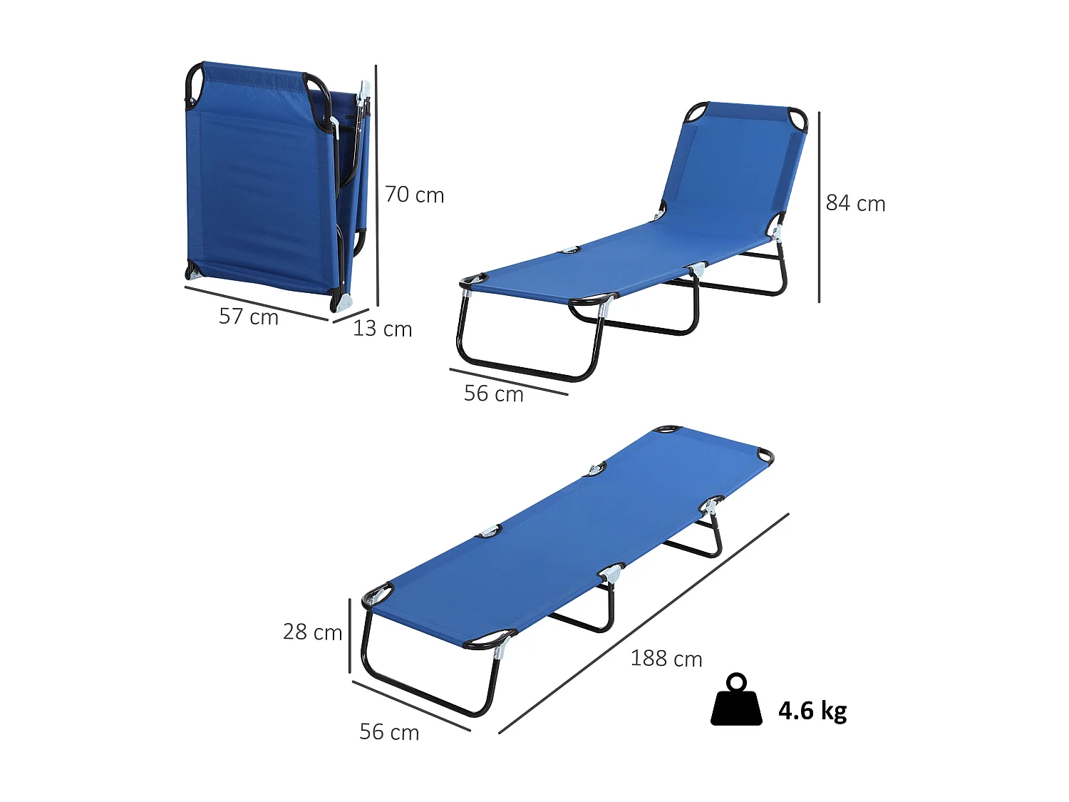 Lettino da giardino con schienale regolabile in 5 posizioni blu