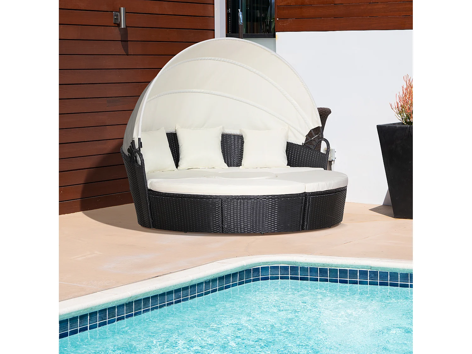 Set 4 Pzi Divano Circolare da Giardino, Mobili Componibili, Nero Beige