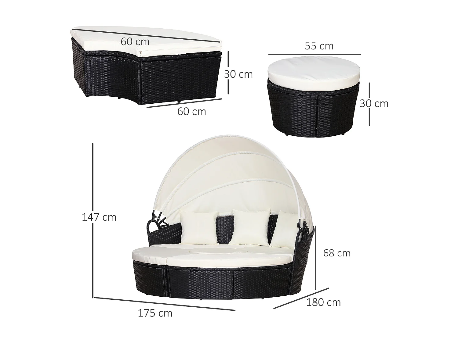 Set 4 Pzi Divano Circolare da Giardino, Mobili Componibili, Nero Beige