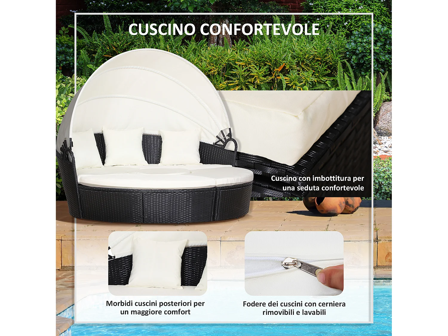 Set 4 Pzi Divano Circolare da Giardino, Mobili Componibili, Nero Beige