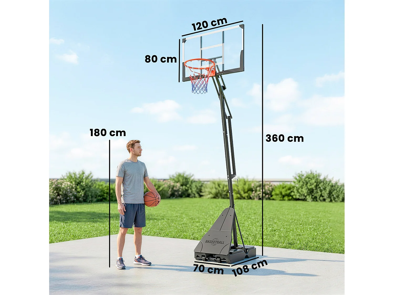 Canestro da basket regolabile con base riempibile e tabellone antishock